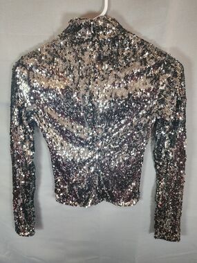 Bershka Silver Sequin Long-Sleeve Crop Top
